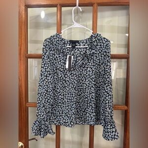 Joan Vass Blue Floral Ruffle Neck Lightweight Long Sleeve Blouse Top NWT